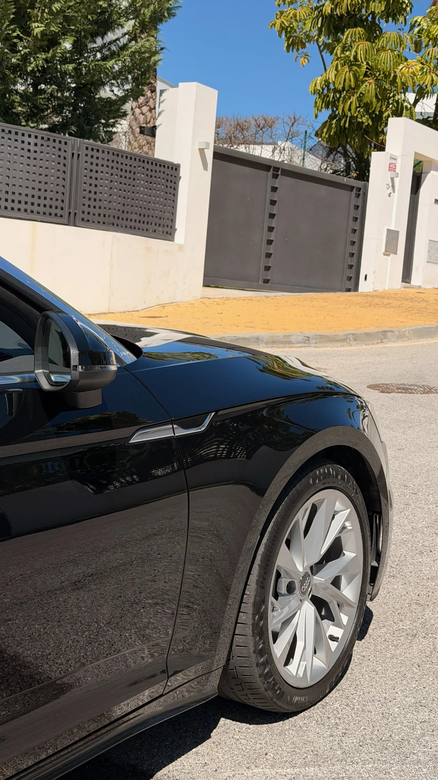 Detalle aleta delantera Audi A5 Cabriolet con retrovisor, intermitente LED integrado y llanta de diseño de 18 pulgadas