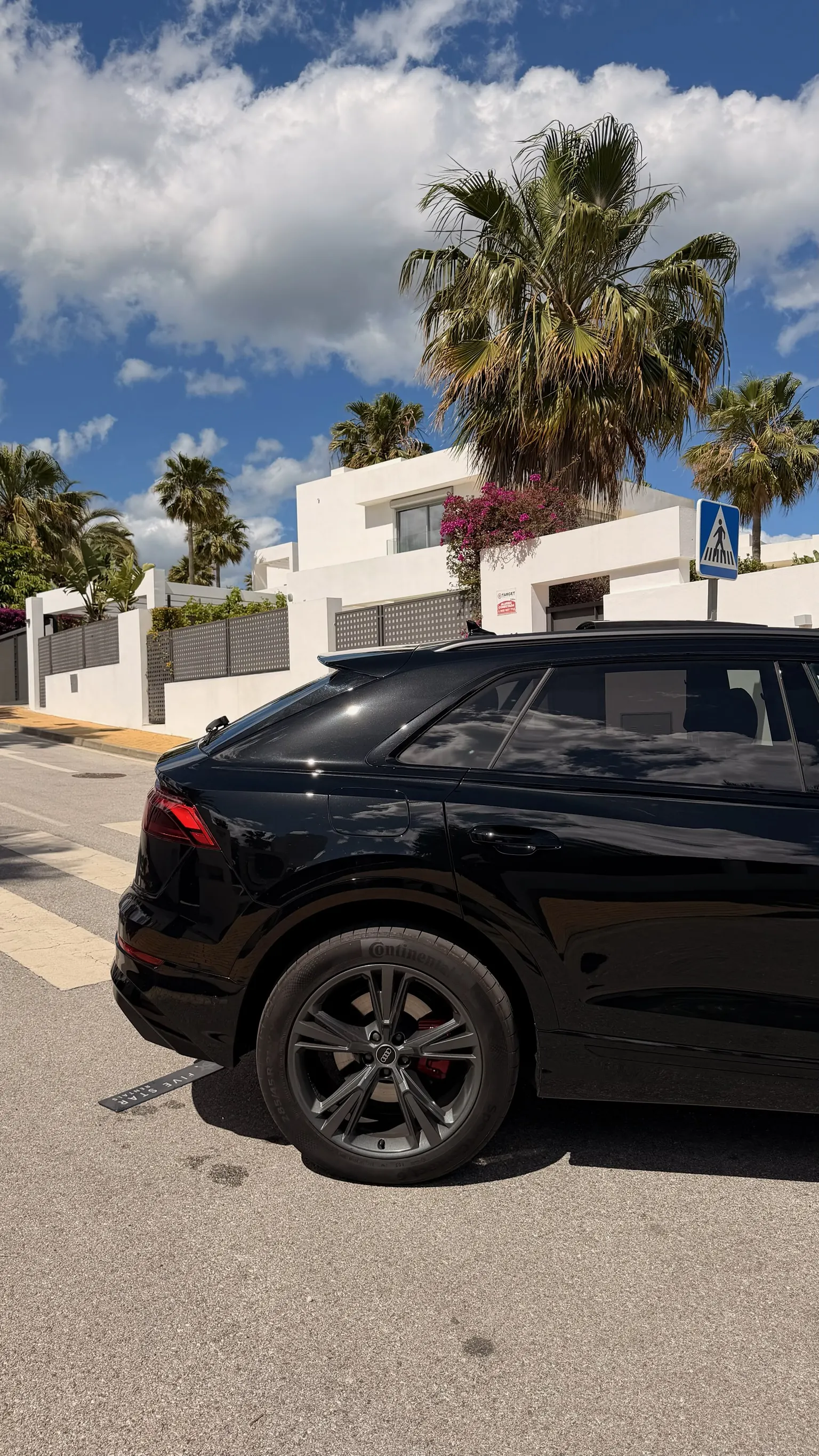 Rear side profile of the Orca Black metallic Audi Q8 with sloping coupé-SUV roofline, 22-inch anthracite wheels and red Brembo calipers